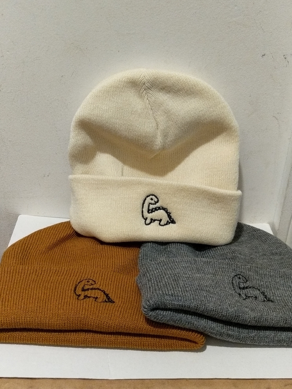 Kids Dino Embroidered Knit Beanie Cap HatY YOUR CHOICE Cream Grey Brown